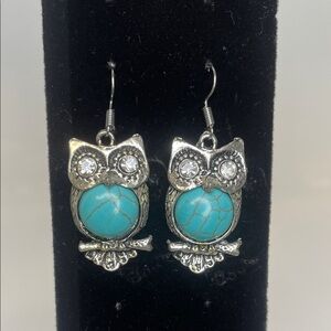 Silver tone and Turquoise Owl Earrings
